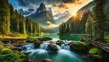 Fototapeta  - The tranquil atmosphere of nature with lush green forests, proud mountain silhouettes, and the cool waters of waterfalls