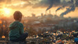 A little boy sits on polluted asphalt looking at a factory that pollutes the air. Emissions. Air pollution. Ecology concept.
