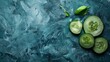 A group of cucumber slices and leaves on a blue background, AI