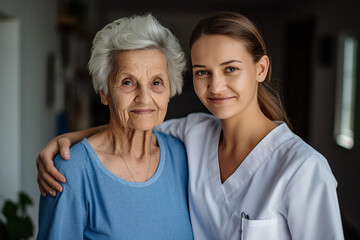 Wall Mural - Generative AI illustration of an elderly person with doctor on treatment and rehabilitation