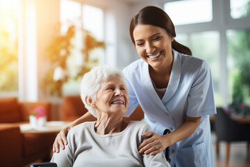 Canvas Print - Generative AI image of an elderly disabled person sitting on wheelchair in hospital