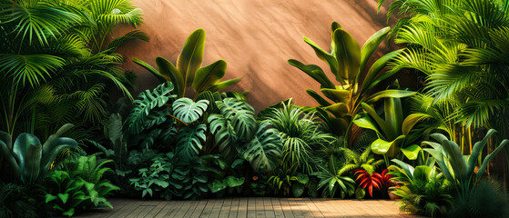 Wall Mural - Jungle mock up. Tropical forest with exotical plants, palm, branches, flowers. Rain forest wallpaper. Nature landscape. Generative ai.