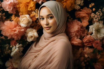 Poster - Digital generative ai collage image of charming muslim girl look on floral background