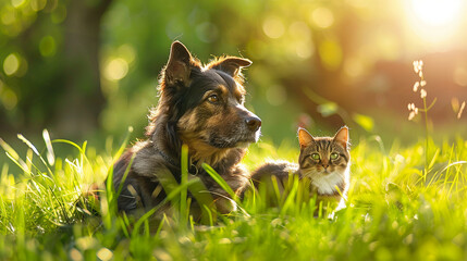 Wall Mural - Cão e gato  juntos em uma natureza de campo de grama verde em um fundo ensolarado de primavera
