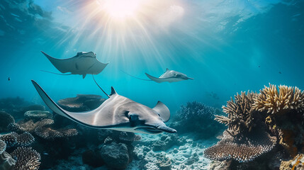 Wall Mural - Stingrays gliding gracefully near coral reefs with sunbeams filtering through above them 