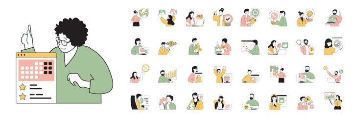 Poster - Digital business concept with character situations mega set in flat web design. Bundle of scenes people develop global e-commerce company, creating ad content, chat with clients. Vector illustrations.