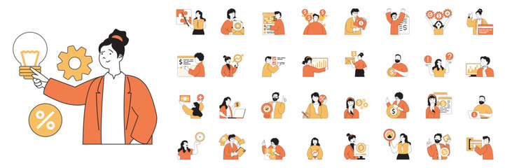 Fototapete - Business and finance concept with character situations mega set in flat web design. Bundle of scenes people creating project, planning tasks, making financial audit, marketing. Vector illustrations.