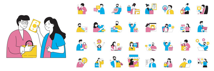 Poster - Shopping concept with character situations mega set in flat web design. Bundle of scenes people buying new goods in store, ordering online, purchasing at retail store showroom. Vector illustrations.