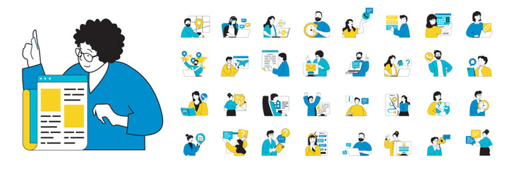 Leinwandbilder - Contact us concept with character situations mega set in flat web design. Bundle of scenes people sending emails and chatting, calling to company and finding faq information. Vector illustrations.