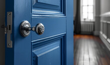Blue Door And Silver Doorknob In Room With Window And Radiator