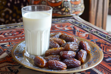 Wall Mural - ramadan festival concept. dates and glass of milk