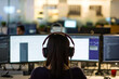 A female developer in headphones works in the office against the background of two monitors. View from the back.