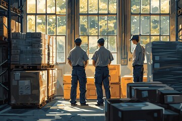 In a digital illustration, three workers are observing the logistics activity in a sunlit warehouse filled with boxes