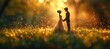 A silhouette of a couple holding hands in a field illuminated by a magical, golden sunset creates a romantic and dreamy image
