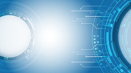 Hi-tech blue background with various technology elements. Vector illustration of circuit board and circles. Abstract futuristic communication.
