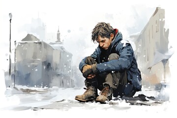 Wall Mural - homeless man on the street during winter