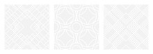 Set Of Seamless Gray Patterns Of Circles Arcs Lines To Create Fabric And Wallpaper, Easy Background For Christmas Card. Geometric White Shapes In Trendy Retro Style For Cover Decoration.