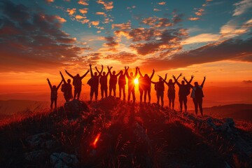 Wall Mural - Silhouetted friends with raised arms against a vivid sunset sky as they celebrate on a mountain peak