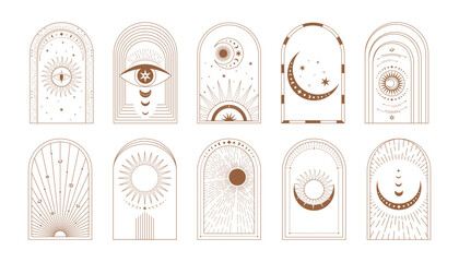 set of boho arches with celestial bodies in a linear style. moon, stars, sun, eyes in an esoteric fr