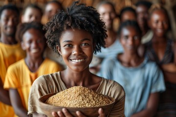 A joyful African woman holding a bowl of grains with a group of people in the background