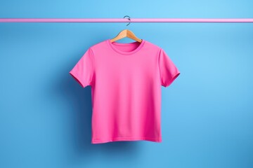 Wall Mural - A bright pink t-shirt displayed on a wooden hanger against a contrasting blue background