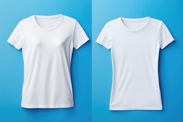 Wall Mural - White women's t-shirts displayed in front and back view, against a striking blue background, perfect for a clean and simple fashion presentation