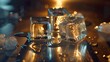 Ice cubes slowly melt on a glass table, leaving behind small puddles of water. Ice cubes in an ephemeral and fluid scene. Transition from solid to liquid.