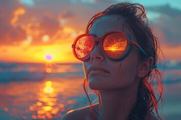 Wall Mural - A serene beach sunset scene reflecting in the lens of a woman's sunglasses, evoking peace and tranquility