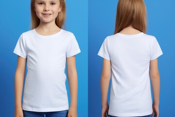 Sticker - A young model smiles cheerfully in a plain white t-shirt, front and back views presented, against a striking blue background