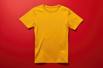 Wall Mural - Studio shot of a yellow t-shirt for branding and mockup design, red background