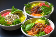 Variety of Take away Hawaiian dish poke bowls: salmon, tuna and tofu