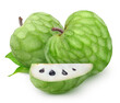 Isolated cherimoya. Two whole and a piece of cherimoya (Custard apple) fruits with leaves isolated on white background