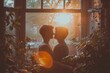 A romantic silhouette of a couple sharing a kiss by the window surrounded by plants during sunset, conveying warmth and love