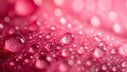  Macro shot of vivid water droplets on a magenta surface, emphasizing texture and color saturation