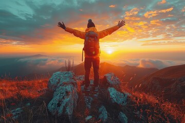 Wall Mural - As dawn breaks, a man with outstretched arms embraces the warm glow of the sunrise over rolling mountain mists