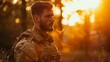 Evening glow highlights soldier in uniform reflecting on duty. captured in natural light, depicting militaristic style and solemnity. professional photo stock. AI