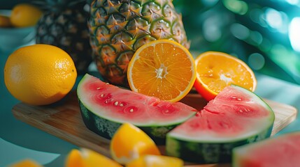 Watermelon slices on a table with pineapple and oranges