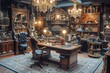 Victorian Steampunk Office With Chandelier and Lots of Furniture