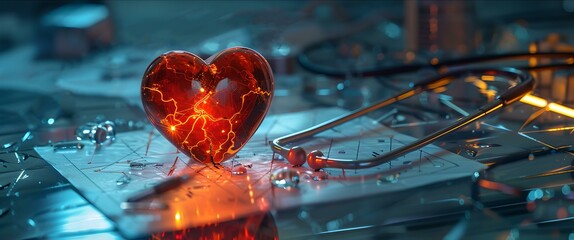Poster - Glowing heart amidst technology wires, symbolizing love and tech integration. futuristic, artistic image. AI