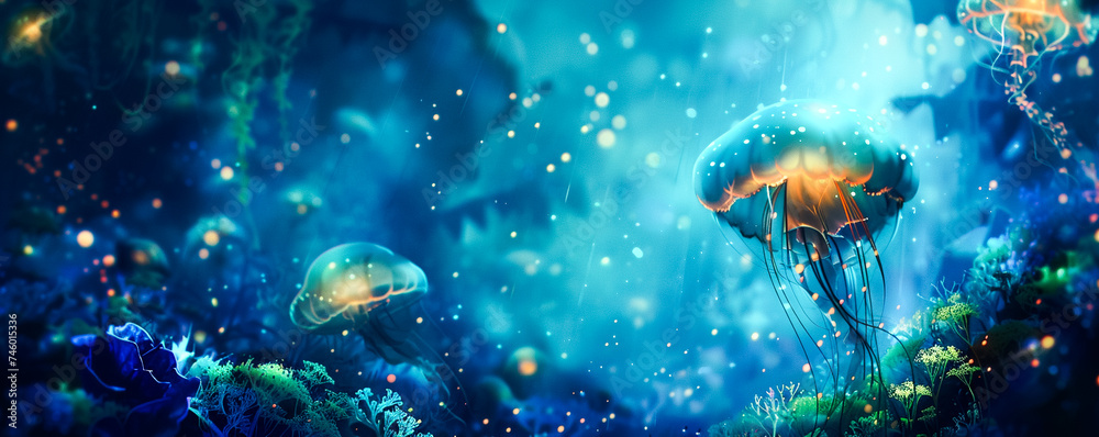 Bioluminescent underwater scene with jellyfish watercolor glowing life ...