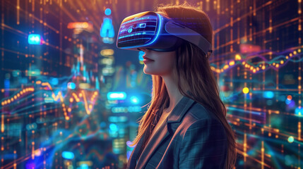 Poster - Digital immersion: female executive dons a VR headset to engage with virtual charts in office