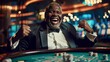 Joyful man celebrating a big win at the casino. victory, excitement, and entertainment captured in a vibrant lifestyle photo. perfect for gaming promotions. AI