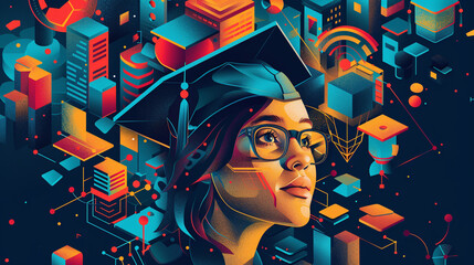 female student wearing graduation cap in network illustration