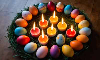 Easter evening. Yellow and red candles and colorful eggs, festive and cozy vibes. Candles all lit up and placed in circular pattern. Concept of Pascha, Resurrection Sunday, Christian cultural holiday