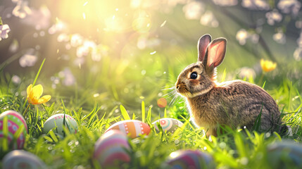 easter bunny in the grass with easter eggs