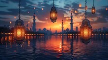 Arabic Lantern Of Ramadan Celebration Background, Ramadan Mubarak Template Showcasing Elegant, Ramadan Kareem Set Of Posters And Showcasing Elegant Islamic Lanterns, And A Arabic Ornaments