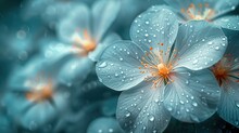 Cinematic Blue Flowers With Dew Drops On Petals , Macro Flower For Ramadan And Gallery Work