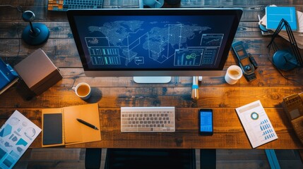 Poster - aerial view of a data engineer's desk from a bird's eye perspective, showcasing a neat arrangement o