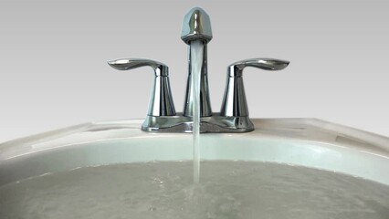 Wall Mural - silver faucet running never ending 4k loop features a silver faucet and a white porcelain sink with 