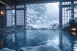 A vast indoor swimming pool enclosed by snow-covered surroundings, creating a striking contrast between the icy landscape and the clear blue waters